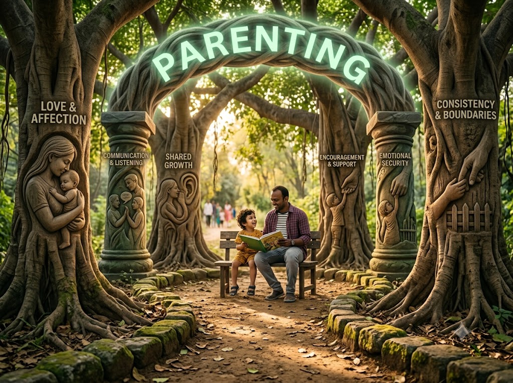 <span data-en>A parent guiding their child warmly</span><span data-hi>एक माता-पिता अपने बच्चे को स्नेहपूर्वक मार्गदर्शन दे रहे हैं</span>